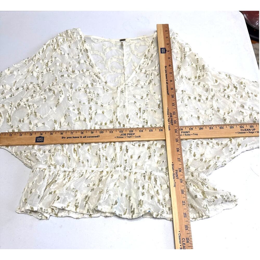 Free People Smile Away Sheer Top Ivory/Gold/Sequins Ruffle Trim Embroidery Small - Picture 10 of 11